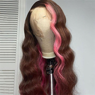 30 Inch Skunk Stripe Wig With Brown Pink Colored Human Hair Wigs Straight Lace Front Wigs