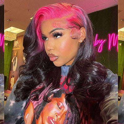 Pink Roots 13x4 Body Wave Lace Frontal Wig HD Transparent Lace 180% Density Pink