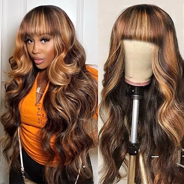 Highlight Body Wave Human Hair Wigs With Bangs Brazilian Hair Fringe Wig