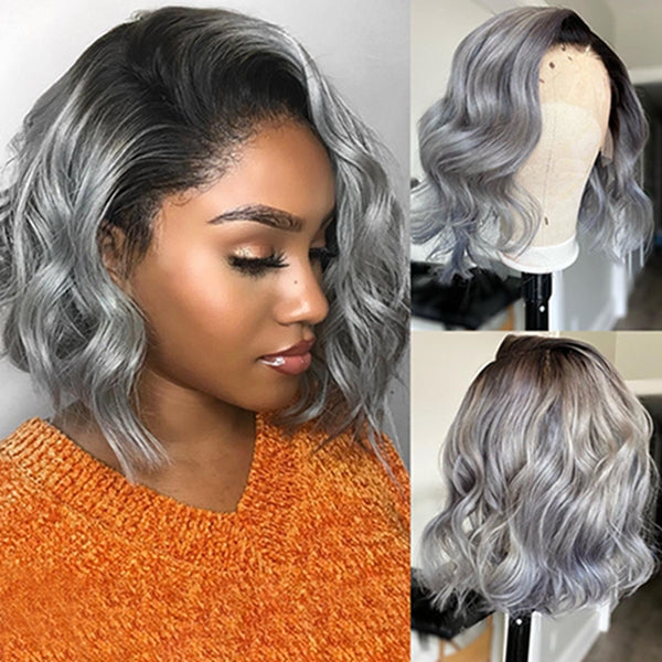 1b Grey Colored Short Human Hair Wigs Grey Ombre Bob Lace Front Wig