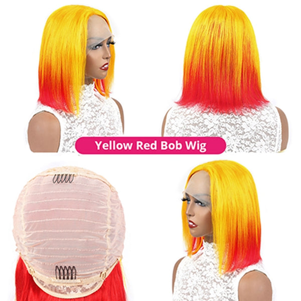 Red Ombre Yellow Short Bob Lace Front Wigs Short Bob Brazilian Human Hair Wig