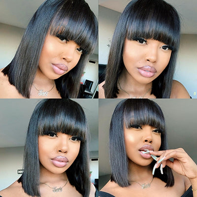 Straight Short Bob Wig Glueless Wigs With Bangs Remy Human Hair Wigs