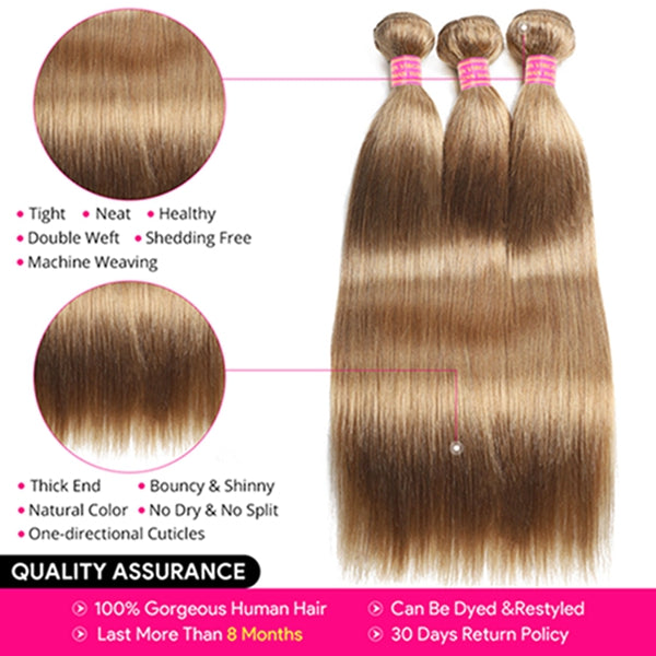 27# Honey Blonde Human Hair 3 Bundles With Lace Closure Straight Hair Weave