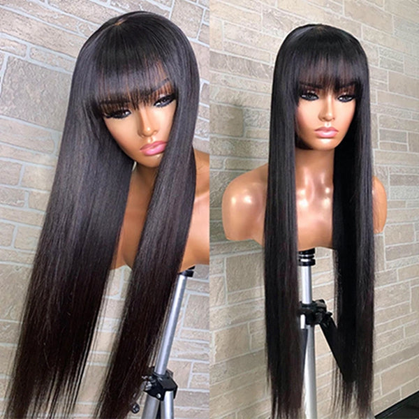 Straight Capless Wig with Bangs 250 Density Natural Black Human Hair Wigs
