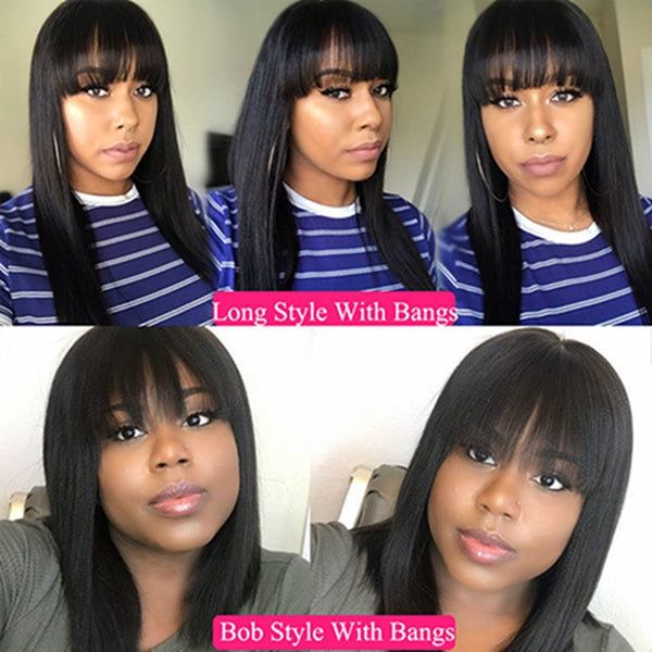 Straight Capless Wig with Bangs 250 Density Natural Black Human Hair Wigs
