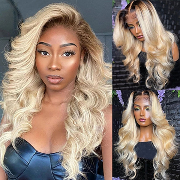 13x4 Blonde Body Wave Lace Front Wigs Black Root 1B/613 Ombre Colored Human Hair Wigs