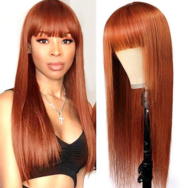 Ginger Color Machine Made Straight Human Hair Wigs With Bangs