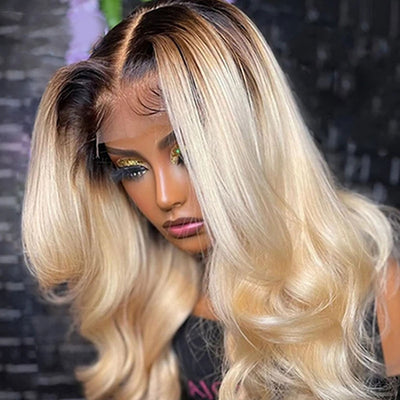 13x4 Blonde Body Wave Lace Front Wigs Black Root 1B/613 Ombre Colored Human Hair Wigs