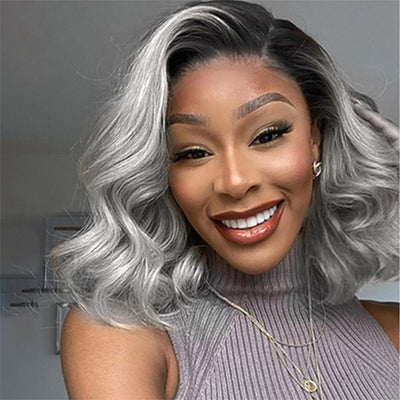 1b Grey Colored Short Human Hair Wigs Grey Ombre Bob Lace Front Wig