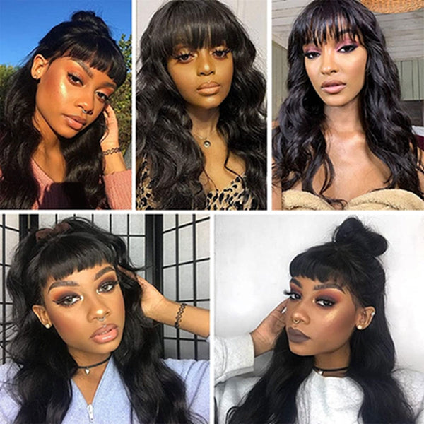 Glueless Body Wave Wigs With Bangs Pre Plucked 150% Density Brazilian Hair