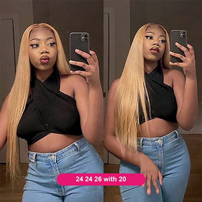 27# Honey Blonde Human Hair 3 Bundles With Lace Closure Straight Hair Weave