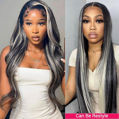 Grey Highlight  Straight Human Hair Wigs For Women13x6 HD Transparent Lace Frontal Wig