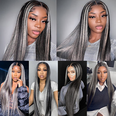 Grey Highlight  Straight Human Hair Wigs For Women13x6 HD Transparent Lace Frontal Wig