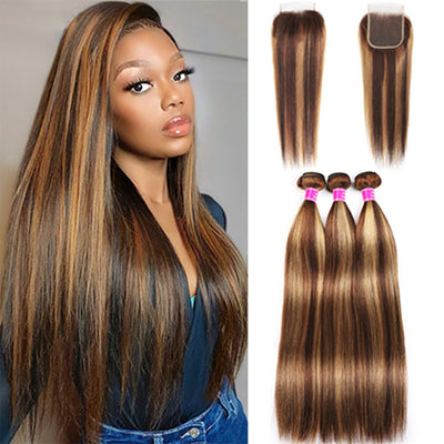 P4/27 Highlight Bundles with 4x4 Hd Lace Closure Bone Straight Bundle with Lace Closure