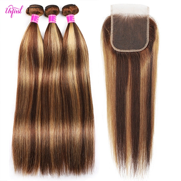 P4/27 Highlight Bundles with 4x4 Hd Lace Closure Bone Straight Bundle with Lace Closure