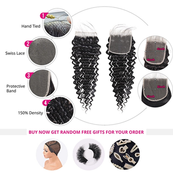 Deep Wave Bundles with Closure Brazilian Hair Weave 3 Bundles with 4x4 Lace Closure