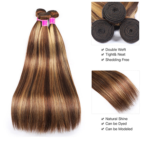 Honey Blonde Highlight Hair Bundles Brazilian Straight Human Hair Weave 3 Bundles P4/27 Colored Hair Bundles