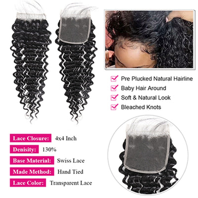 Deep Wave Bundles with Closure Brazilian Hair Weave 3 Bundles with 4x4 Lace Closure