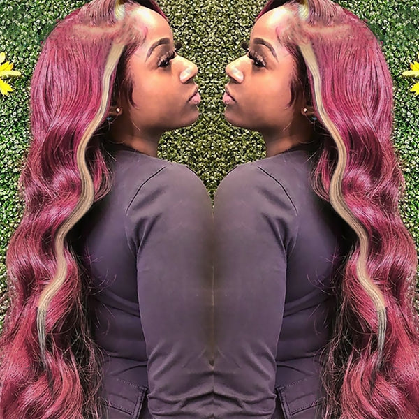 99J Burgundy Highlight Body Wave Lace Front Wig 13x4 Skunk Strip Blonde Human Hair Wigs