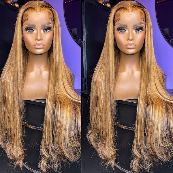 P4 27 Highlight Brown HD Lace Frontal Wig 30 Inch Honey Blonde Straight Human Hair Wigs For Women
