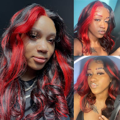 Red Highlight Wig Body Wave Lace Front Wig Ombre Red With Black Colored Human Hair Wigs
