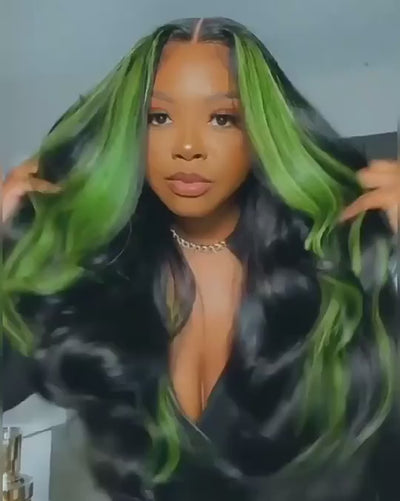 Green Highlight Wig Human Hair 13x4 Colored Body Wave Lace Front Wig Pre Plucked