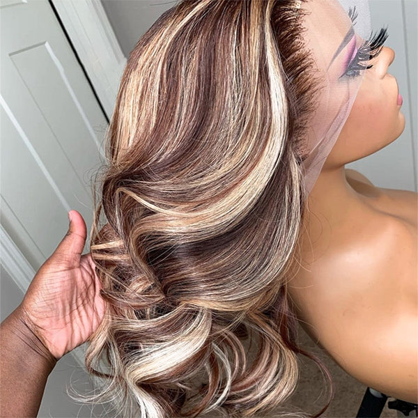 P4 613 Balayage Highlight Colored Human Hair Wigs Honey Blonde Brown Body Wave Lace Front Wig