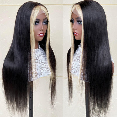 1B 613 Skunk Stripe Human Hair Wigs 13x4 Highlight Blonde Straight Lace Front Wig