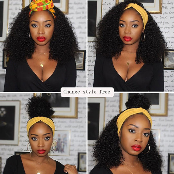 Afro Curly HeadBand Wig Full Machine Made Scarf Wig 180% Density Curl Human Hair Wigs