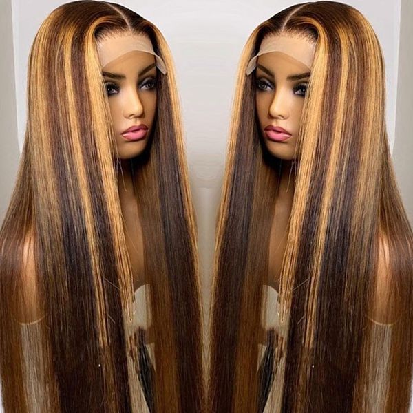 Honey Blonde Highlight Wig Silky Straight Human Hair Wigs 4x4 HD Lace Closure Wig
