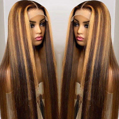Honey Blonde Highlight Wig Silky Straight Human Hair Wigs 4x4 HD Lace Closure Wig