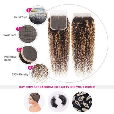 P4/27 Highlight Curly Hair Bundles with Closure Brazilian  Human Hair Weave 3 Bundles with 4x4 Lace Closure Honey Blonde Bundles With Closure