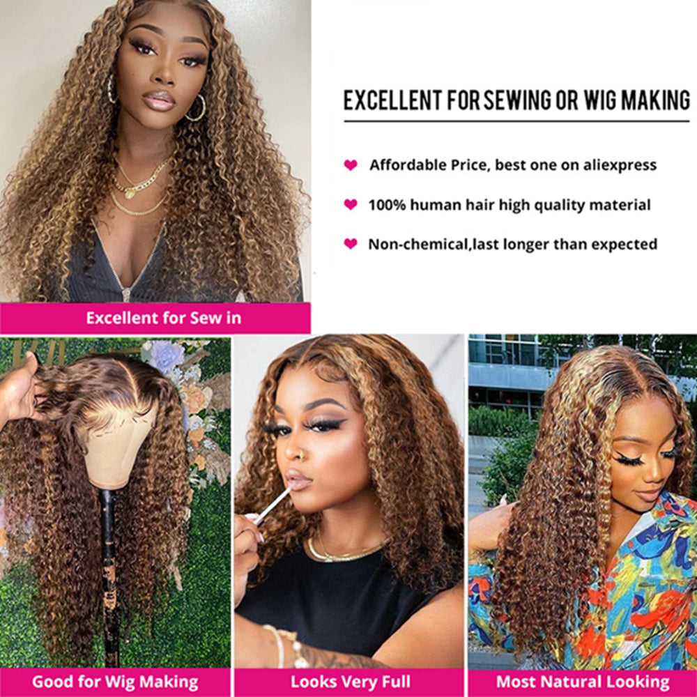 P4/27 Highlight Curly Hair Bundles with Closure Brazilian  Human Hair Weave 3 Bundles with 4x4 Lace Closure Honey Blonde Bundles With Closure