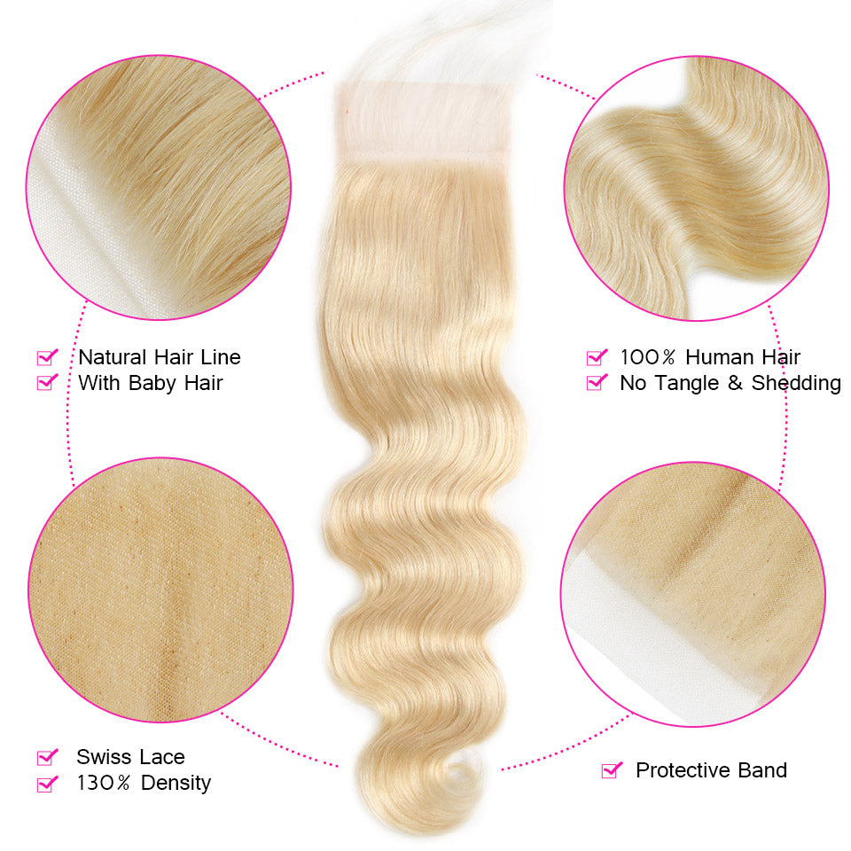613 Blonde Bundles With Closure 4x4 Body Wave Human Hair Bundles With Closure