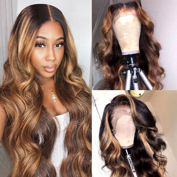 5x5 Highlight Closure Human Hair Wig Ombre Brown Body Wave Lace Front Wigs For Women