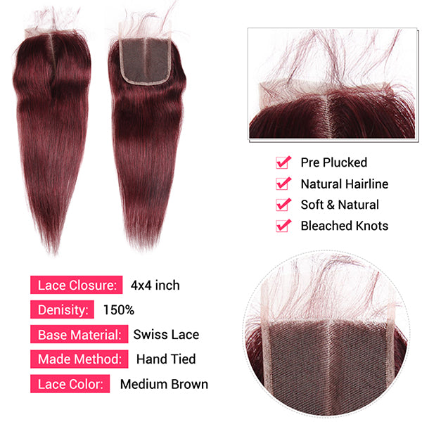Burgundy Straight Human Hair Bundles with Closure 99J Hair 3 Bundles with Lace Closure