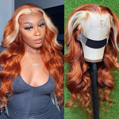 Ginger Blonde Body Wave Lace Front Wig Colored Human Hair Wigs With Blonde Highlights