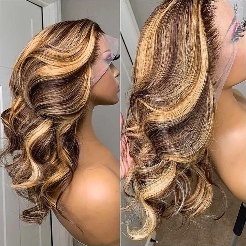 250% Density Highlight Ombre Lace Front Wigs 13x4 Honey Blonde Body Wave Human Hair Wigs
