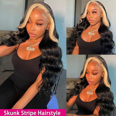 1B 613 Skunk Stripe Wig With Blonde Highlights Body Wave Human Hair Wigs For Women