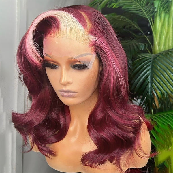99J Burgundy Highlight Body Wave Lace Front Wig 13x4 Skunk Strip Blonde Human Hair Wigs