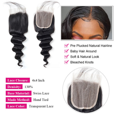 Loose Deep Wave 4 Bundles with Closure Virgin Human Hair Bundles with 4x4 Hd Lace Closure