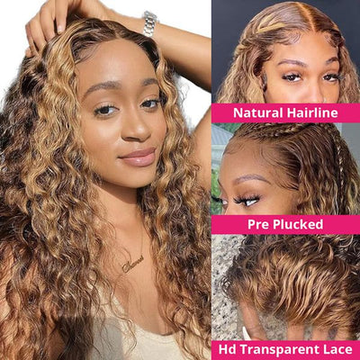 Highlight Deep Wave Wig 4x4 Transparent Closure Wig Brown Colored Human Hair Wigs