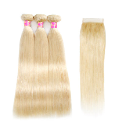 613 Blonde Human Hair Straight Weave Bundles with Closure 4x4 Blonde Hair Deals 3 Bundles With Closure