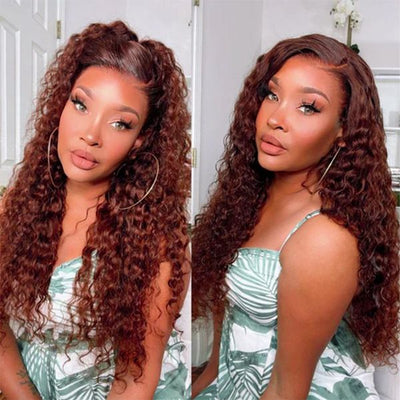 Reddish Brown Water Wave 13x4 Lace Front Wig Fall Color Human Hair Wigs For Black Women
