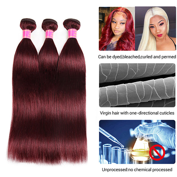 Burgundy Straight Human Hair Bundles with Closure 99J Hair 3 Bundles with Lace Closure